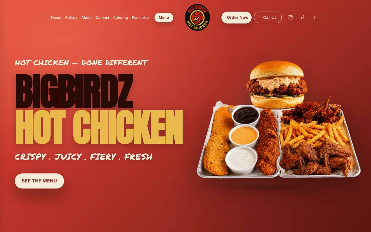 Screenshot of the Big Birdz Hot Chicken website built by Darsh Tech